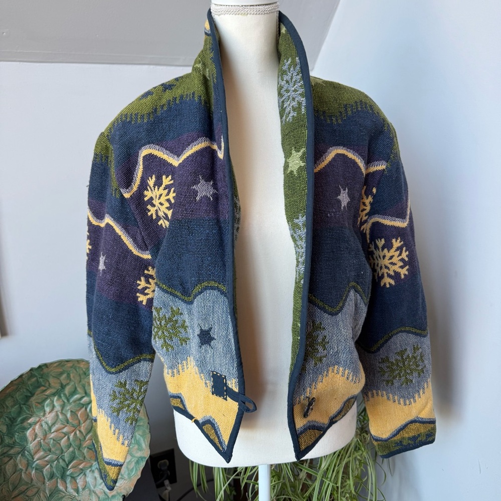 Flashback Vintage Wearable Art Tapestry Jacket Snowflake Winter Blue Green med - Picture 6 of 7